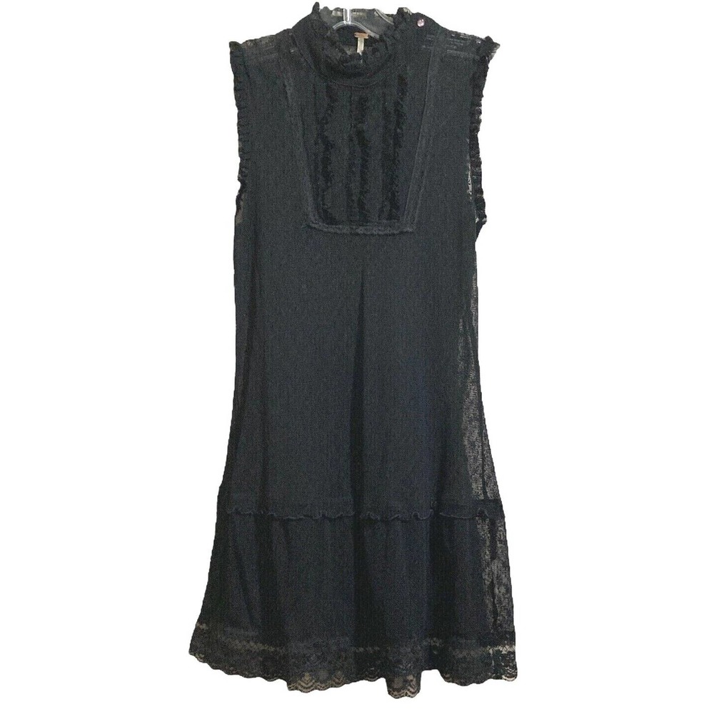 Free People Black Sleeveless Top High Neck Ruffles Sheer Lace Victorian Goth